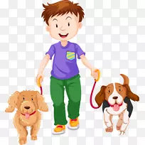 狗散步夹艺术-卡通男孩，宠物狗