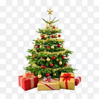 圣诞老人圣诞树礼品剪贴画绿色圣诞树