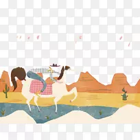 牛仔插画-手绘牛仔沙漠漫步