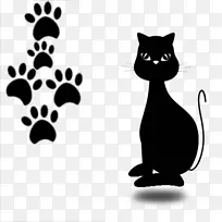 猫画插图-可爱的卡通，黑猫和脚印