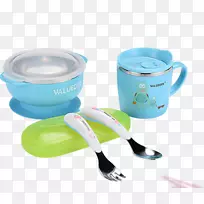 汤匙餐具壶-蓝绿色碗和水壶