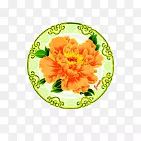 牡丹花设计画圆黄金边牡丹图案