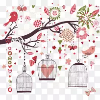 鸟类飞行图形状-温暖的颜色，新鲜的小鸟和鸟笼