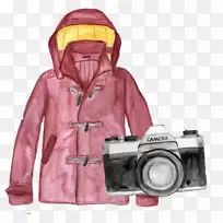 帽衫、衬衫、衣服、夹克、红色夹克和照相机