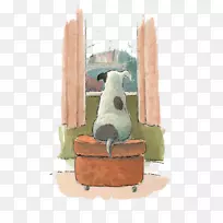 视觉艺术画水彩画插图-狗看窗外