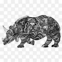 犀牛黑白视觉艺术插图-中式黑白犀牛装饰品