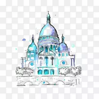 圣餐9-cu0153 ur，巴黎蒙马特水彩画教堂插图-城堡