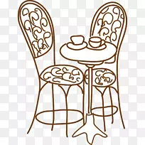 巴黎咖啡画笔画.桌子和椅子