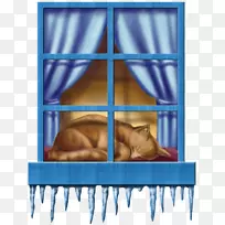 冬天的窗户。相框肌肉蓝卡通猫睡窗