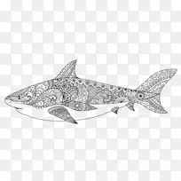 鲨鱼着色书曼达拉插图-手绘鲸鱼