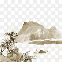 山水画印度水墨画山树船材质图