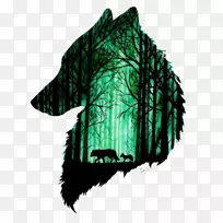 灰狼绘画艺术水彩画-森林大小的两只狼