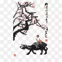 牛纸水墨画山水风水-坐在后面的牛花男孩