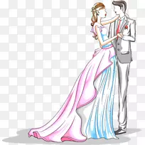 卡通婚礼插画-情人节彩绘新娘和新郎