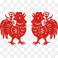 公鸡十二生肖剪贴画-农历新年剪纸新年公鸡农历新年
