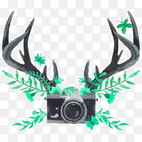鹿角水彩画驯鹿天猫-绿色简单鹿角相机装饰图案
