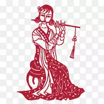 剪纸传统剪贴画-古典民间剪纸，长笛中的女性