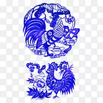 婚礼邀请函公鸡新年十二生肖蓝蓝剪纸公鸡装饰图案