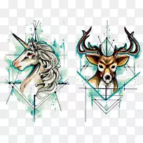 鹿独角兽水彩画独角兽和鹿