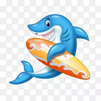 鲨鱼卡通冲浪板插图-跳跃鲨鱼