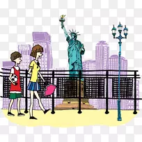 卡通摄影插图.路人面前的自由女神像