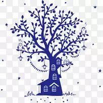 童话墙贴花树屋-蓝猫头鹰树屋