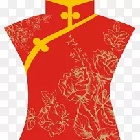 旗袍(U76d8u6263)红色牡丹花纹板纽扣旗袍