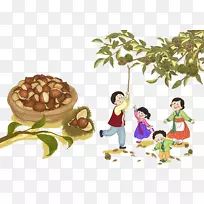 板栗画卡通插图全家人采摘栗子