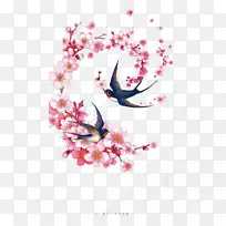 欧亚喜鹊水墨画插图-风桃红喜鹊飞行插画