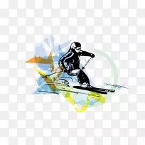 滑雪运动水彩画插图.涂鸦滑雪