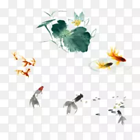 画宫壁水墨画水彩画-池塘鱼