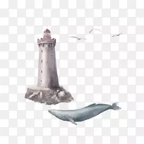 水彩画插图.水彩画灯塔和鲸鱼