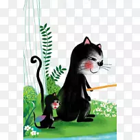 卡通儿童插图-猫钓鱼