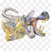 河马画水彩画-河马犀牛收藏创作形象
