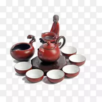 茶壶瓷茶杯-一套陶瓷茶具、功夫茶具、乳杯、茶具、茶杯、茶壶、礼品盒、红色