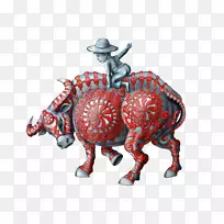 雕塑绘画插图-骑着红牛的男孩