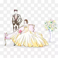 婚纱卡通婚礼插画-情人节彩绘新娘和新郎