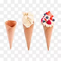 冰淇淋圆锥饼干卷华夫饼冰淇淋-三个冰淇淋圆锥形