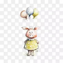 绘画水彩画艺术家组合插图持气球猪