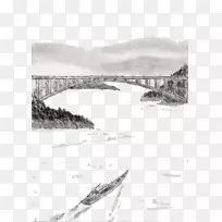 水墨画山水画-长江大桥