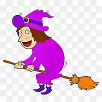 扫帚魔法巫术插图-一个骑着魔法扫帚的卡通女巫