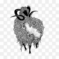 山羊黑白画-生物，复古，卡通，绵羊