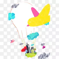 飞机气球卡通插图.热气球卡通手绘背景材料
