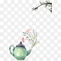 茶壶水彩画版画插图.花边