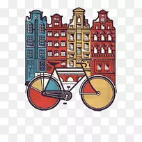 阿姆斯特丹t恤平面设计海报插图-自行车建筑装饰图像