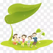 设计师家庭插图-树叶下的家庭