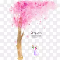 水彩画樱花插图-梦想手绘樱桃树免费材料