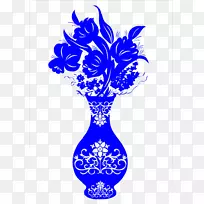 剪纸花瓶-蓝色和白色陶器-蓝色花瓶图案