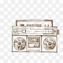 小型盒式-音乐，老式盒式录音机，线条，单色，手绘