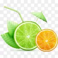 橙汁，柠檬-水果和绿叶阳伞
